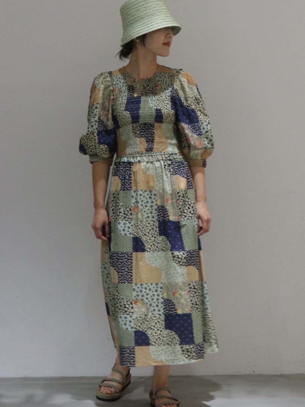 SEA New York Louie Midi Dress Puff sleeve Smocked Fall Patchwork Cottagecore M - Picture 6 of 16